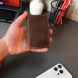 Cartera de cuero personalizada, cartera minimalista de cuero con bolsillo frontal, regalo de cuero para hombre hecho a mano, tarjetero delgado, regalo de Navidad para él