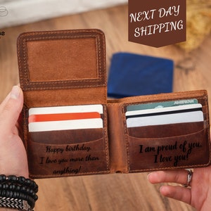 Billetera de cuero personalizada, billetera de cuero personalizada para hombres, regalo de Navidad, billetera de cuero grabada de tres pliegues, regalos personalizados para él