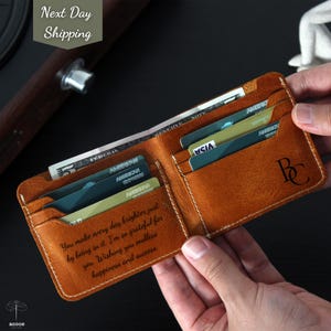 Personalized Mens Leather Wallet, Personalized Gifts for Him, Minimalist Slim Bifold Wallet, Gift for Dad, Christmas Gift