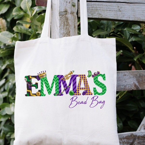 Custom Mardi Gras Bag, Personalized Tote Bag, Name Tote Bag, Mardi Gras Tote, Mardi Gras Beads Bag, Gift For Women, Carnival Tote Bag