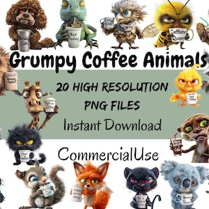 面白い不機嫌な動物のクリップアート、透明な PNG、即時ダウンロード、商用利用 - 漫画ペットのプリント、不機嫌な動物の印刷物、コーヒー PNG