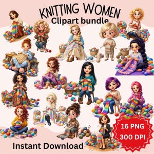 Imágenes prediseñadas de mujeres tejiendo, ilustraciones de artesanía con hilo (descarga digital)