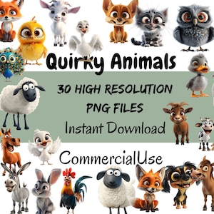 Quirky Animals PNG Clipart Bundle Whimsical animals Sublimation clip art Whimsy Nursery Party graphics Silly illustration
