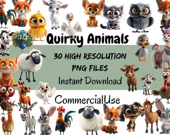 Pacchetto di clipart di animali stravaganti, divertenti grafiche PNG (download digitale)