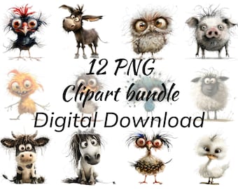 Whimsical Farm Animal Clipart, Quirky Crazy Hair PNG (Digital Download)