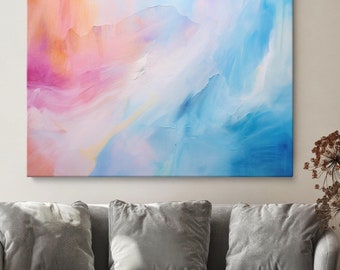 Abstract Painting Print on Canvas, Abstract Wall Art Pink and Blue Colorful, Extra large abstract wall art print