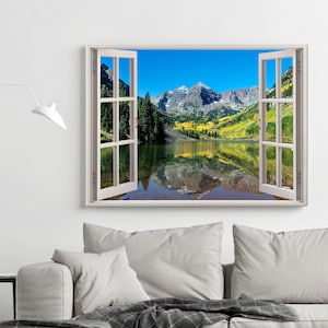 Mountain Window View, Autumnal View, Mountain Photo Print, Window Frame Style Modern, Cabana Style House Design Home Decor, Canvas Wall