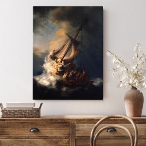 May include: A painting depicting a ship caught in a stormy sea. The ship is being tossed about by the waves, and the people on board are struggling to stay afloat. The painting is done in a dark and dramatic style, with a sense of urgency and chaos.