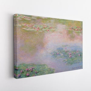 May include: A painting of a pond with water lilies. The water is a light blue and the lilies are pink. The background is a soft green and pink.