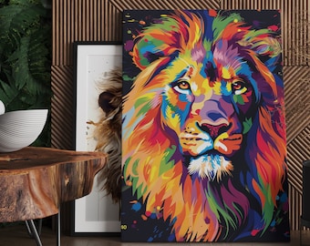 Colorful Lion Painting, Lion Painting Pop Art Print, Abstract Animal Print on Canvas, High Quality Print