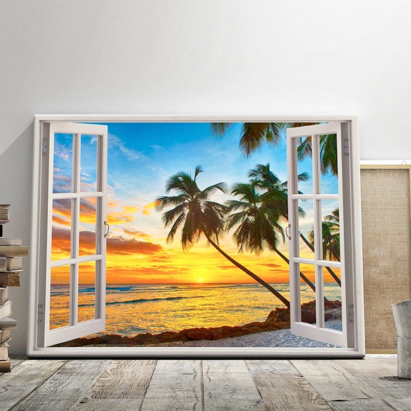 Tropical Beach Window View, Sunset Photo Print, Window Frame Style Modern, Beach House Seascape Design Home Decor Canvas Wall Art Picture
