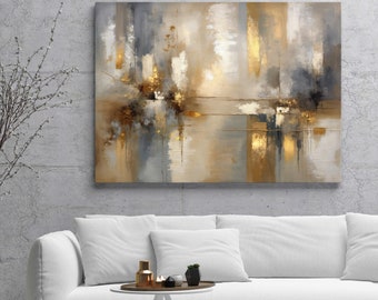 Abstract Painting Print on Canvas, Abstract Wall Art Gold and Gray, Extra large abstract wall art print