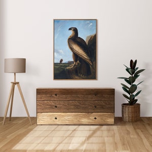 May include: A painting of a brown eagle perched on a rock with a ship in the distance. The eagle is looking to the right, and the background is a blue sky with white clouds.