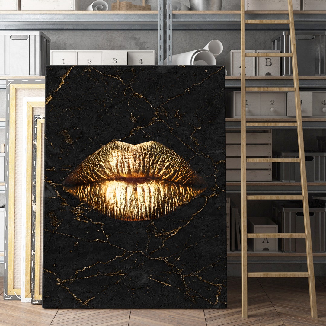 Golden Lips Wall Art Canvas Prints Home, Modern Lips Gold and Marble ...