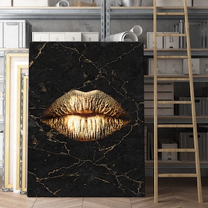 Golden Lips Wall Art Canvas Prints Home, Modern Lips Gold and Marble Art, Lips Art, Desire Art