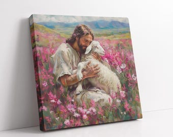 Jesus and Lamb Flowers, Jesus Holding a Lamb, Faith Canvas Prints, Jesus Canvas Art, Museum Quality Canvas READY to Hang