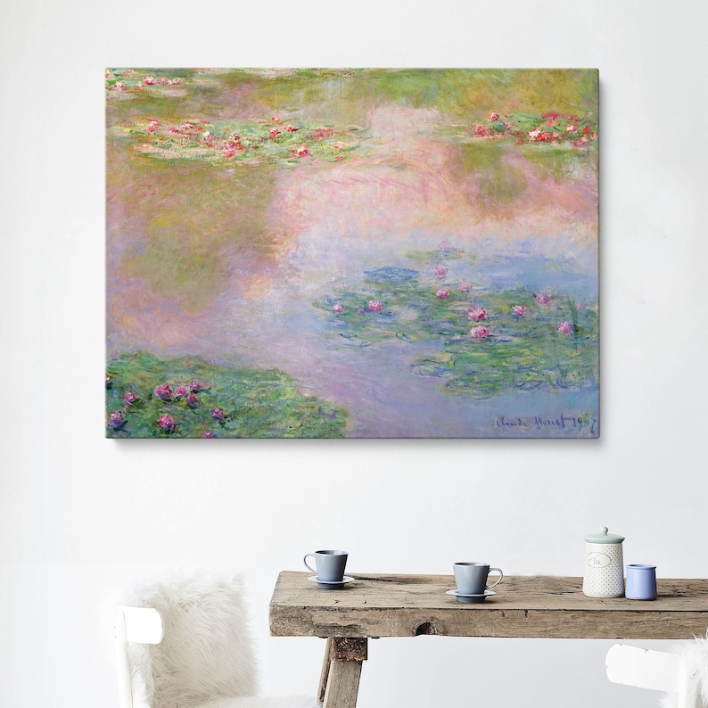 May include: A painting of water lilies in a pond. The water is a light blue and the lilies are pink. The background is a soft green and pink.