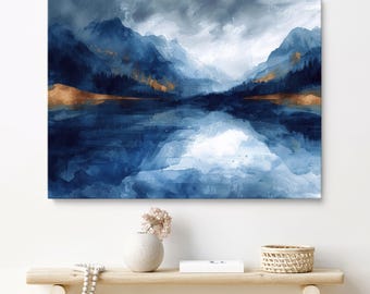 Abstract Painting Print on Canvas, Indigo and Dark Blue Watercolor Print, Abstract Blue Print, Extra Large Wall Art