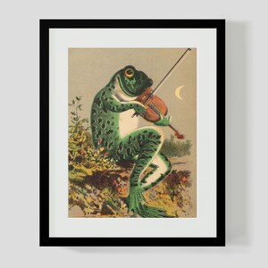 A Frog Playing Violin in The Moonlight Vintage Poster, Vintage Print Poster, Art Deco, Funny Frog Poster, Retro Poster