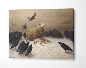 Anguish Sheep and Crows, August Friedrich Schenck Famous Artwork Print on Canvas Gallery Wrapped