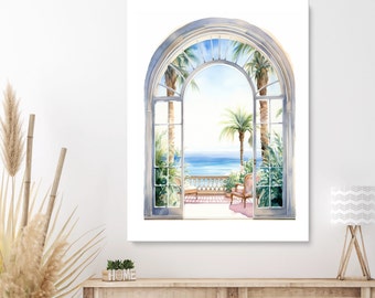 Beach Window Print, Beach House Decor Poster, Look from the Window Painting Print, Art Prints Ocean Artwork, Tropical Wall Art, POSTER PRINT