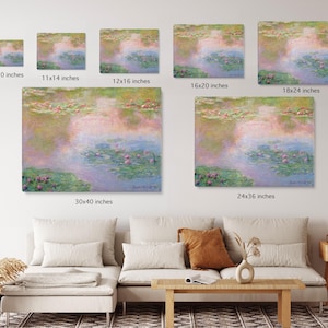 May include: A collection of framed prints of Claude Monet's Water Lilies paintings in various sizes, ranging from 8x10 inches to 24x36 inches. The prints feature a soft, impressionistic style with water lilies and lily pads reflected in a pond.