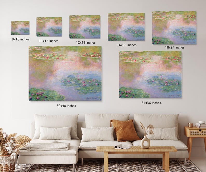 May include: A collection of framed prints of Claude Monet's Water Lilies paintings in various sizes, ranging from 8x10 inches to 24x36 inches. The prints feature a soft, impressionistic style with water lilies and lily pads reflected in a pond.