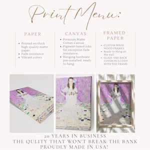 May include: A print menu for a company called "Same Print" that offers high quality prints at affordable prices. The menu lists three options: paper, canvas, and framed paper. Each option has a description of the materials and features. The image also includes a sample print of a painting of a woman in a white dress standing in a field of flowers.