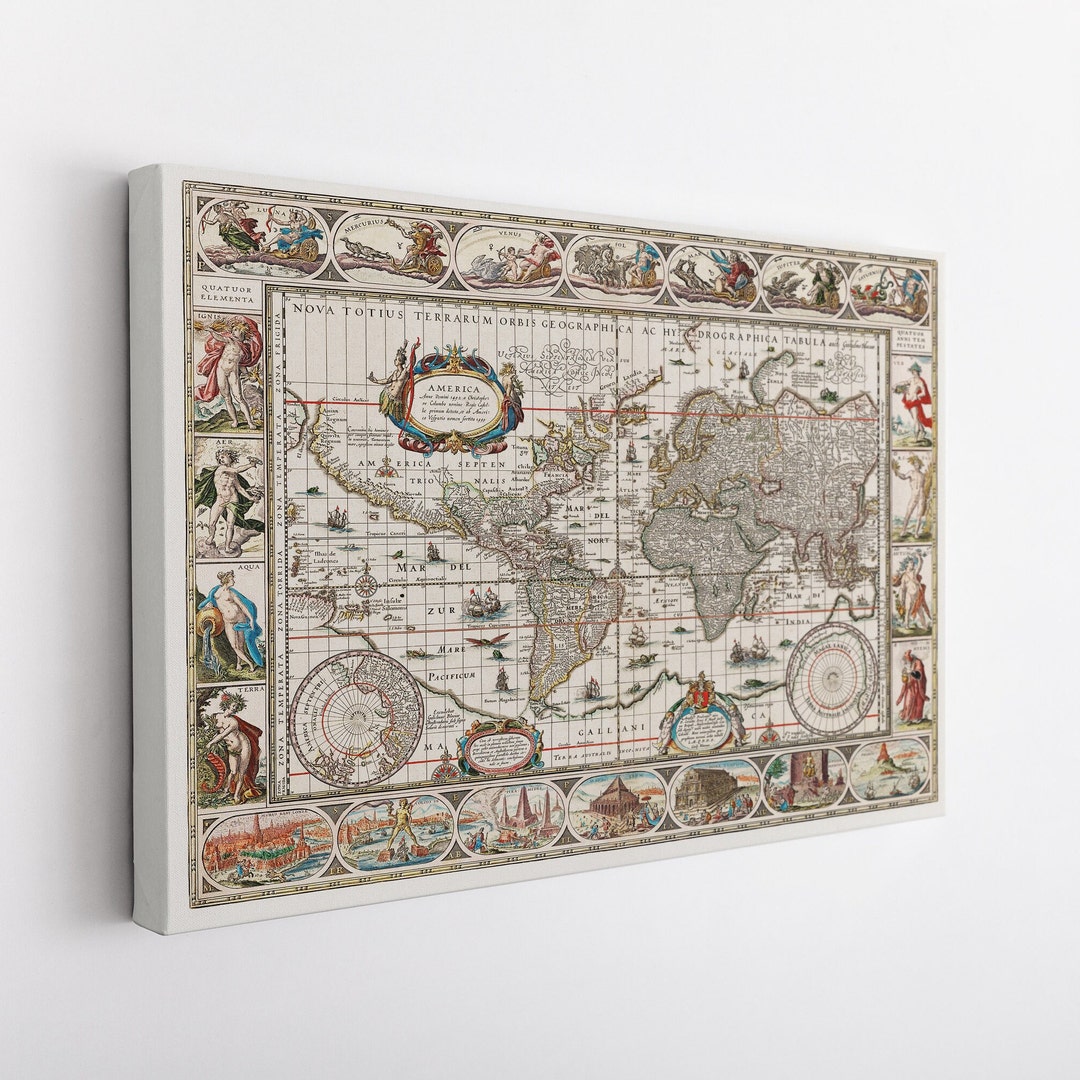 Vintage Canvas Map of the World, Latin Vintage Map, Room Decor, Large
