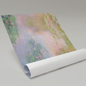 May include: A painting of water lilies in a pond. The water lilies are pink and white, and the water is a light blue. The background is a soft, pastel pink and green.