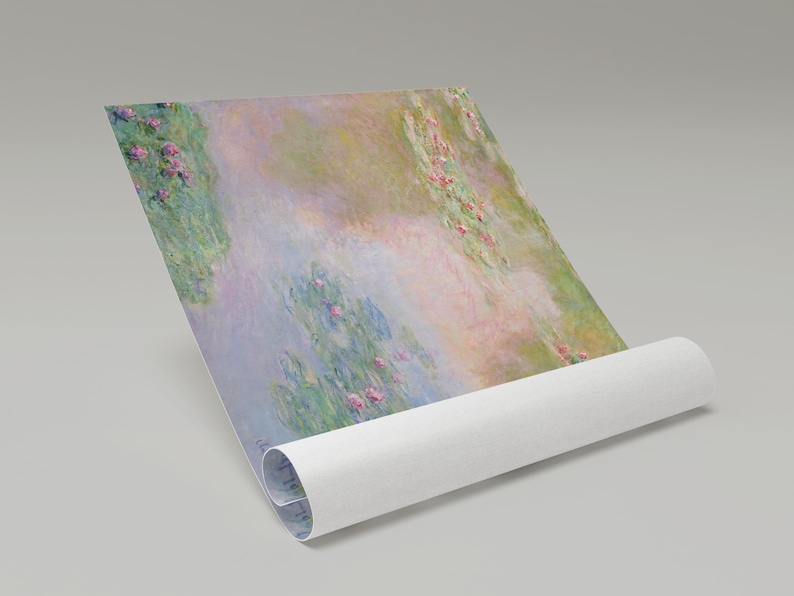 May include: A painting of water lilies in a pond. The water lilies are pink and white, and the water is a light blue. The background is a soft, pastel pink and green.