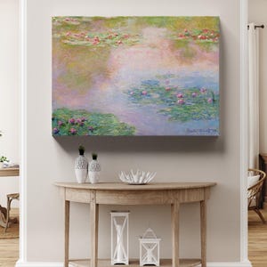 May include: A painting of water lilies in a pond. The water is a light blue color and the lilies are pink and green. The painting is done in a style that is reminiscent of Impressionism.