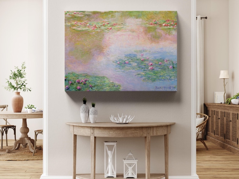 May include: A painting of water lilies in a pond. The water is a light blue color and the lilies are pink and green. The painting is done in a style that is reminiscent of Impressionism.