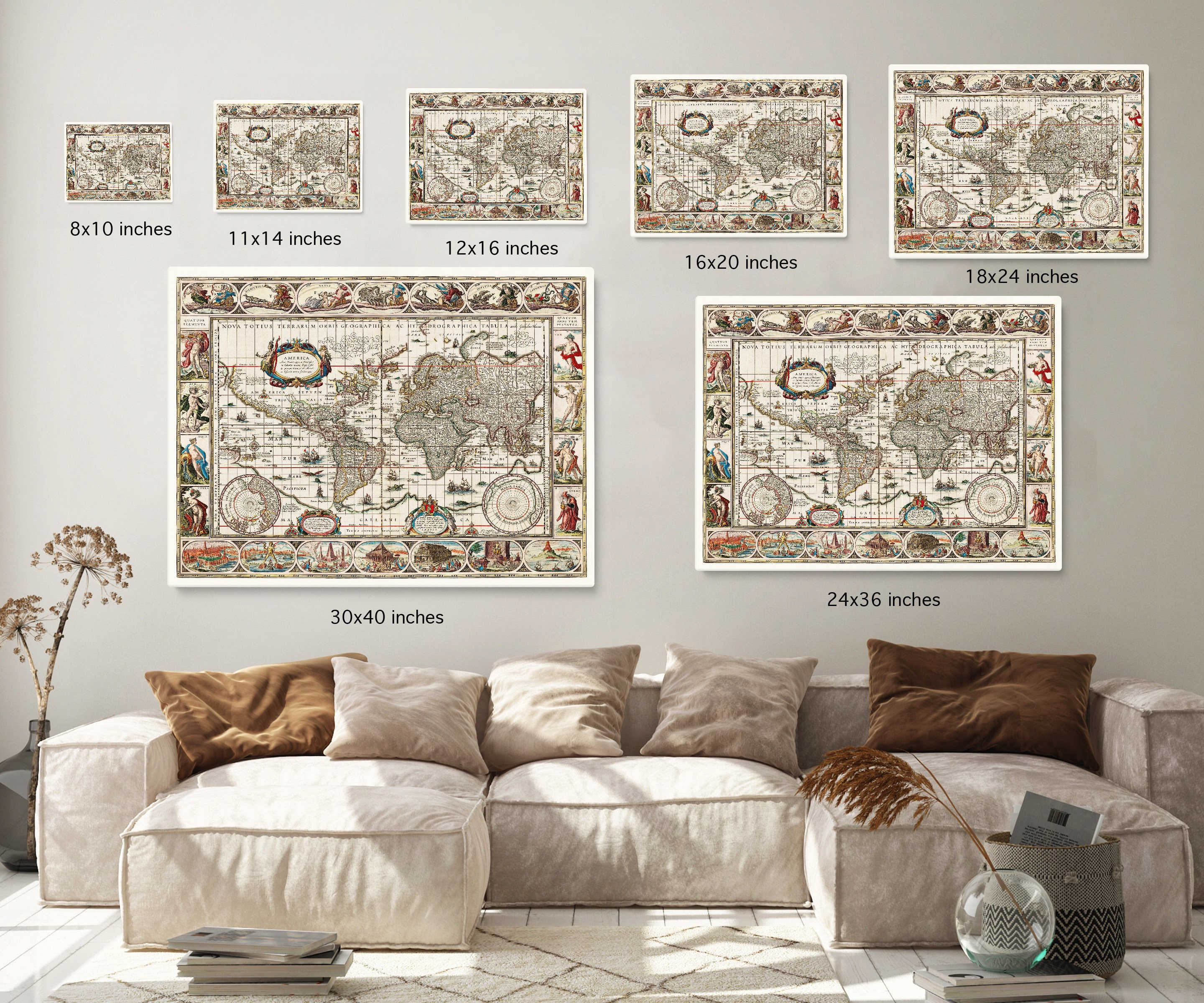 Vintage Canvas Map of the World, Latin Vintage Map, Room Decor, Large