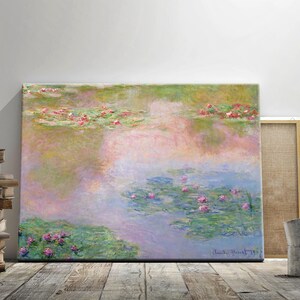 May include: A painting of water lilies in a pond. The water is a light blue and the lilies are pink and green. The painting is by Claude Monet and is signed in the bottom right corner.