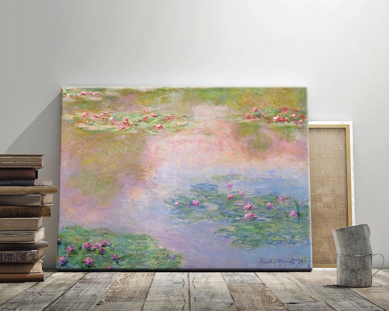 May include: A painting of water lilies in a pond. The water is a light blue and the lilies are pink and green. The painting is by Claude Monet and is signed in the bottom right corner.