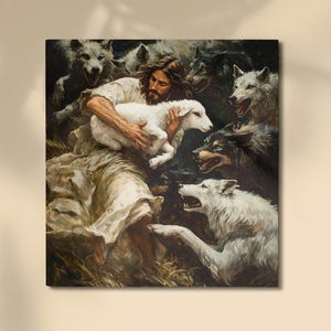 May include: A painting depicting Jesus holding a white lamb in his arms, surrounded by wolves. The wolves are a mix of white and black fur, and they are all looking at the lamb. The painting is set in a dark, forest-like setting.