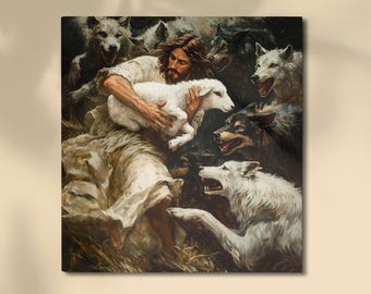 Jesus Protecting the Lamb from Wolves Print on Canvas, Divine Protection Canvas Print, Jesus Wall Art, Jesus and The Lamb