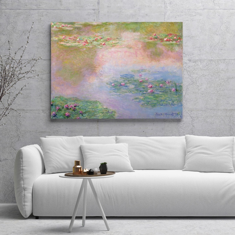 May include: A painting of a pond with water lilies and pink flowers. The water is a light blue and the lilies are green. The background is a soft pink and green.