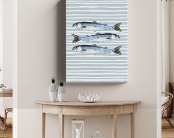 Watercolor Sardines Fish Art Print, Sardines Wall Art Canvas, Fisherman Aesthetic Wall Art, Trendy Aesthetic, Kitchen Art Print