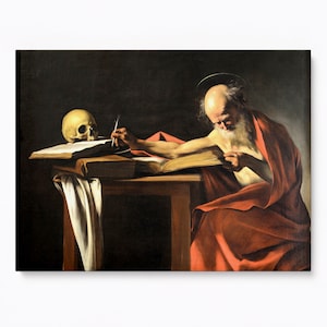 Saint Jerome Writing by Caravaggio, Caravaggio Art, Memento Mori by Caravaggio, Paper or Canvas, Vintage Painting Reproduction