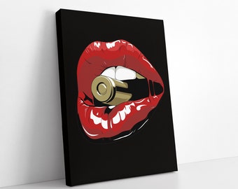 May include: A red, glossy pair of lips with a gold bullet in the mouth against a black background.