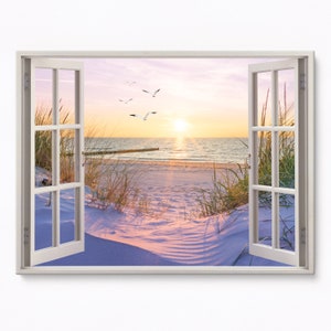Sand Dune Beach Window View, Window Frame Style Modern, Beach House Seascape Design Home Decor Canvas Print Wall Art Picture Ready To Hang