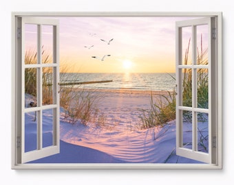 Dune di sabbia spiaggia vista finestra, cornice finestra stile moderno, casa sulla spiaggia paesaggio marino design decorazioni per la casa stampa su tela immagine artistica da parete pronta da appendere