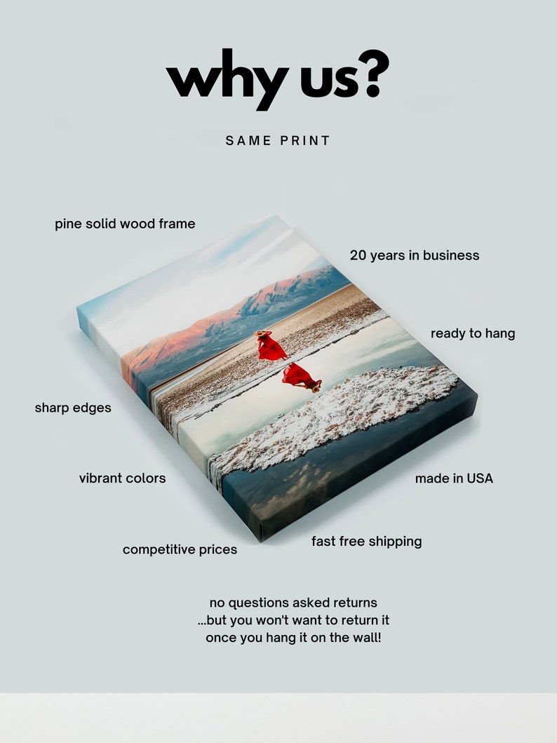 May include: A canvas print with a vibrant landscape scene of a woman in a red dress walking on a snowy beach. The print is framed in a pine wood frame and is ready to hang. The print is made in the USA and comes with fast free shipping.