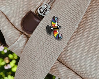 LGBTQ+ Pride Enamel Pin | Rainbow Flag Bird | Flying High Queer Trans Joy Art