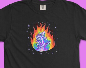 Queer Joy is Resistance Tee | LGBTQ Rainbow Fire Pride Shirt | Comfort Colors T-Shirt