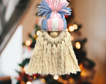 Trans Pride Gnome | Queer Holiday Ornament | Handmade Macrame | Transgender LGBTQ Decor Gift