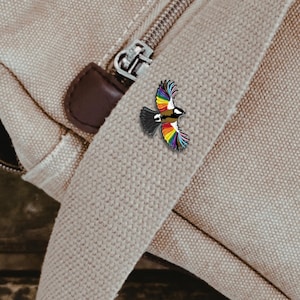 LGBTQ+ Pride Enamel Pin | Rainbow Flag Bird | Flying High Queer Trans Joy Art