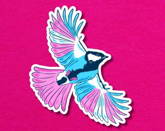 Fly With Pride | Trans Art Waterproof Sticker | Transgender LGBT Rainbow Bird Art | Queer Artist